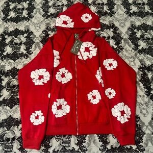 Red denim tears zip up hoodie size Medium